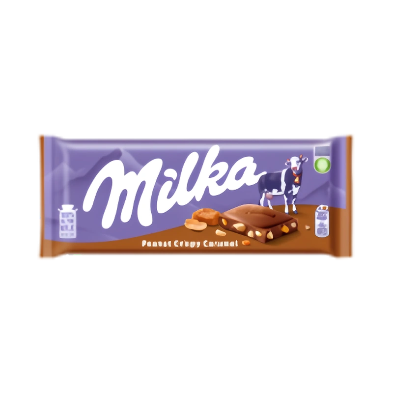 Шоколад молочный Милка с арахисом, кусочками хрустящей карамели, рисовыми шариками и кукурузными хлопьями